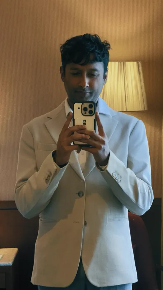 Cream suit mirror selfie